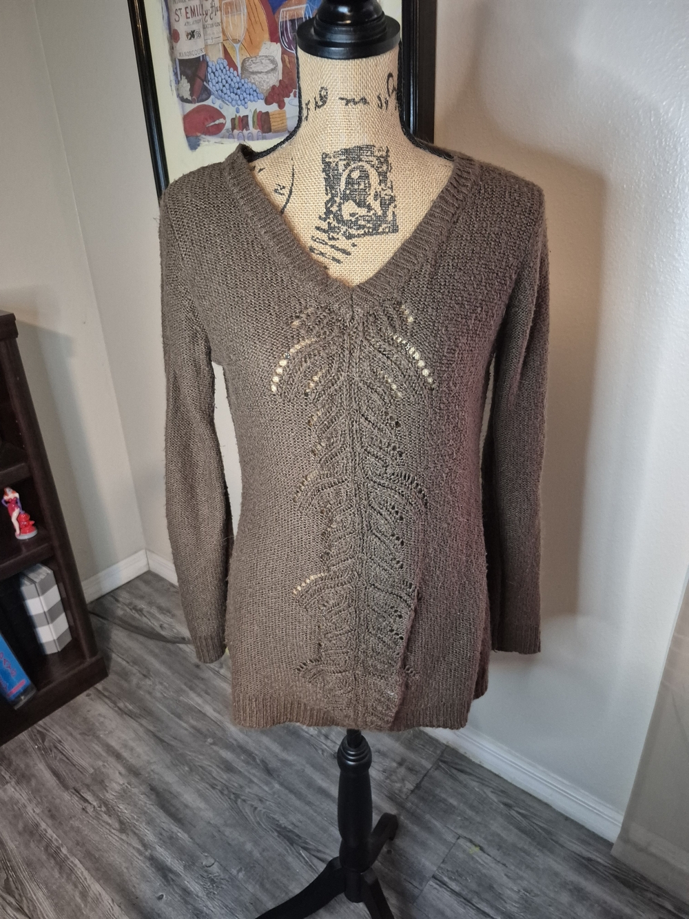 Canyon River Blues Brown V-Neck Knit Sweater with Lace Panel
